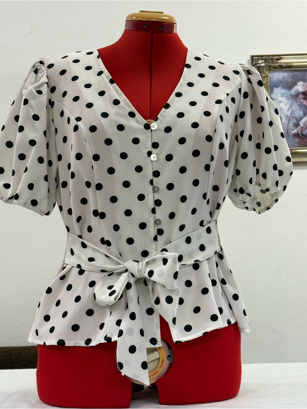 Classic Polka Dot V-Neck Peplum Blouse - White/Black